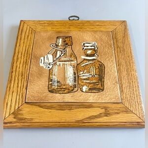 Vintage Tile Wall Decor Wood Frame 8x8” Ceramic Trivet Bottles Oil Vinegar Italy